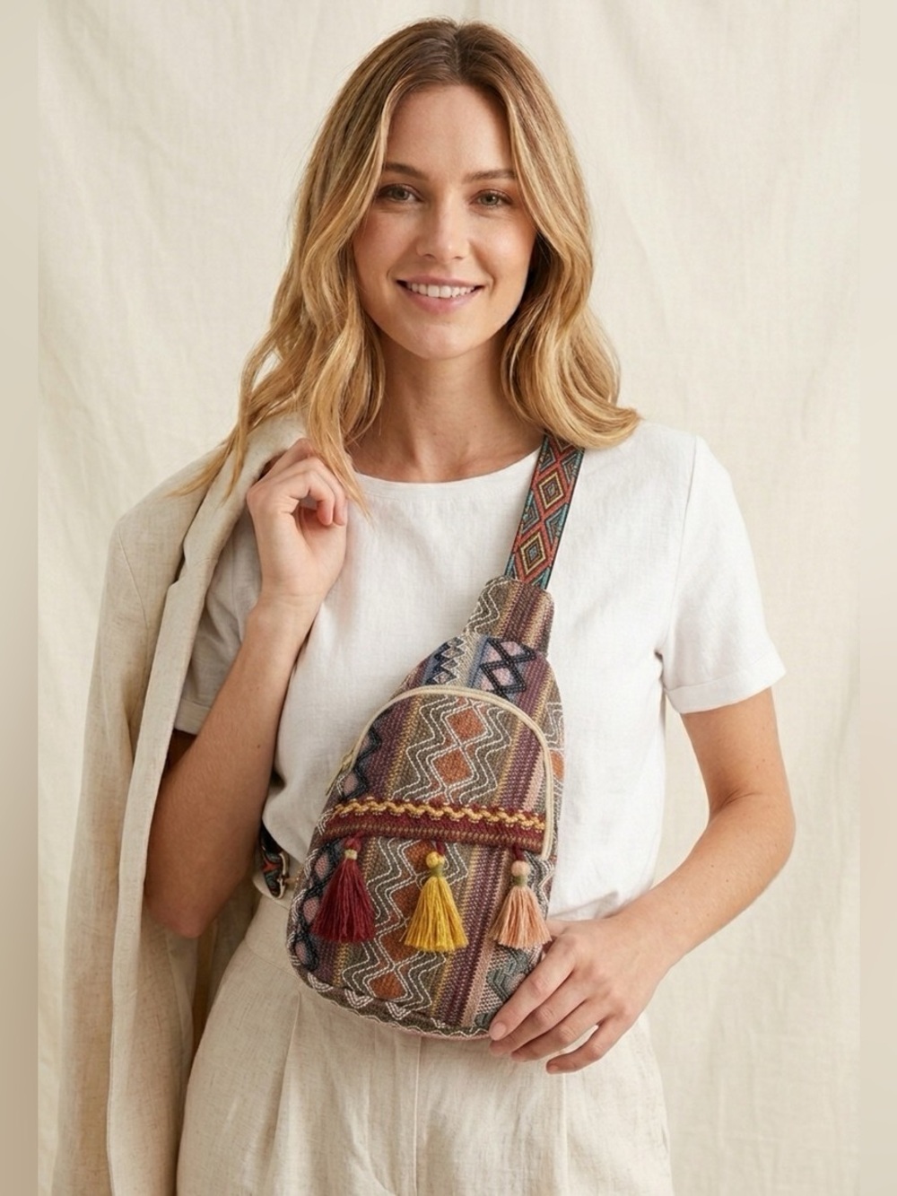 Zenana Multicolor Woven Crossbody Sling Bag with Tassel Accents